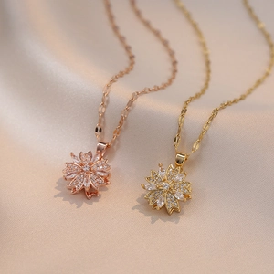 Elegant Rotating Flower Pendant Necklace Stainless Steel With Cubic Zirconia For Women Fashion Jewelry Gift