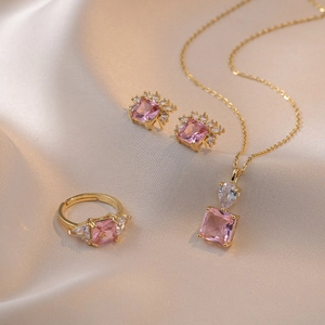 Fashion Pink Square Zircon Jewelry Titanium Steel Gold Plated Necklace Earrings Ring For Women Light Luxury Trendy