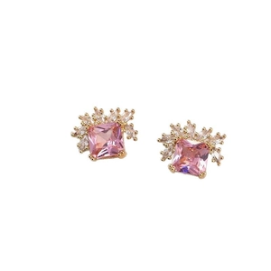Elegant gold earrings with square pink zircon and marquise cut crystal accents