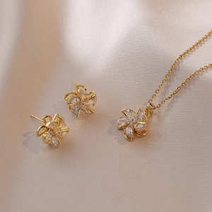 Rotating Windmill Jewelry Necklace And Earrings Ring Titanium Steel Zircon Flower Elegant Korean Style For Women