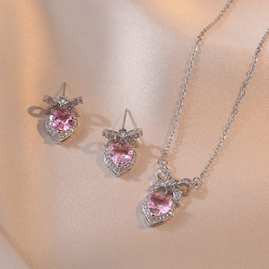 Bowknot Pink Heart Zircon Necklace And Earrings Titanium Steel Elegant Sweet Style Jewelry Accessory For Women
