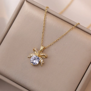 Bowknot Pendant Necklace Stainless Steel Dainty Elegant Sparkling Zircon Clavicle Chain Jewelry For Women