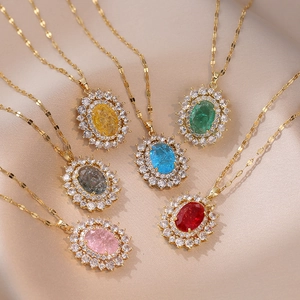 Oval Gemstone Pendant Necklace Titanium Steel Colorful Zircon Double Halo Sunburst Retro Elegant Jewelry For Women