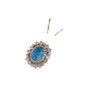 Elegant gold necklace with oval blue gemstone pendant and double-layered crystal halo