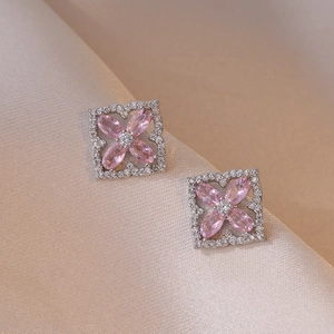 Elegant four-leaf pink zircon flower stud earrings in a square pave setting
