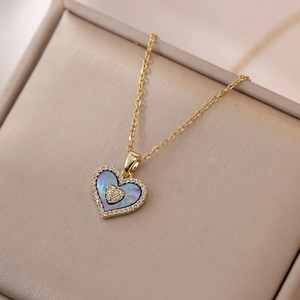 Collier Pendentif Cœur Double Couche Acier Inoxydable Nacre Zircon Bijoux Esthétiques Pour Femmes