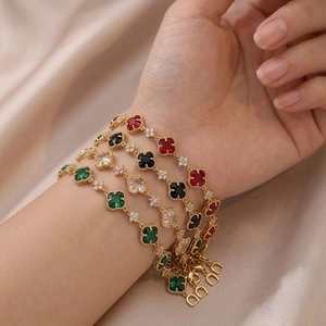 Four Leaf Clover Flower Bracelet Copper Gold Plated Emerald Green Cubic Zirconia Elegant Jewelry For Women Girls