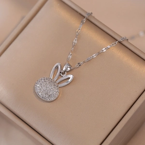 Sparkling silver rabbit pendant necklace with micro-pave zircons and delicate chain