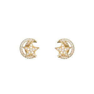 Détails de boucles d'oreilles dorées en forme d'étoile et de lune avec cristaux