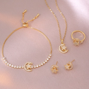 Collier Pendentif Étoile Lune en Acier Inoxydable Avec Zircone Ensemble Boucles d'Oreilles Bague Bracelet Étoile Lune Rotative Femme