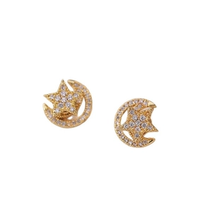 Elegant gold celestial stud earrings with sparkling star and moon zircon crystals