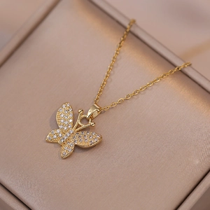 Butterfly Pendant Necklace Stainless Steel Zircon Rhinestone Inlaid Clavicle Chain Elegant Niche Jewelry Gift For Women