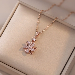 Rotating Windmill Flower Star Pendant Necklace Stainless Steel Cubic Zirconia Clavicle Chain Elegant Trendy Jewelry Women