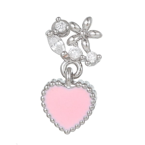 Silver drop earring with pink heart charm and sparkling zircon flower accents