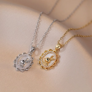 Rabbit Pendant Necklace Titanium Steel With Mother Of Artificial Pearl Shell And Zircon Scalloped Oval Design Sweet Jewelry For Women