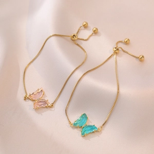 Butterfly Adjustable Slider Bracelet For Women Dainty Glass Crystal Gold Plated Alloy Box Chain Jewelry