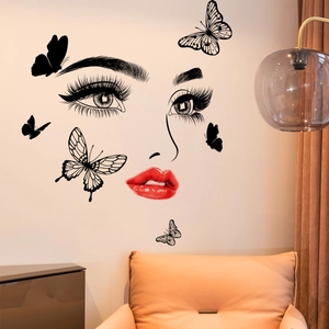 Detail of artistic eye and butterfly wall sticker applied on a clean minimalist living room wall