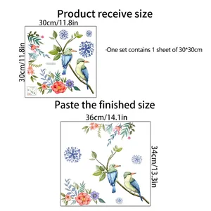 Size guide for green plants and birds wall decal with product dimensions and layout