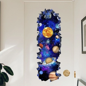 Detailed close-up of self-adhesive 3D space planet floor sticker applied on a white door