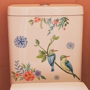 Watercolor bird and floral toilet sticker set with kingfishers on cream bathroom tank