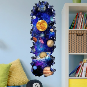 3D solar system floor decal with broken wall effect for bedroom or kids room decoration