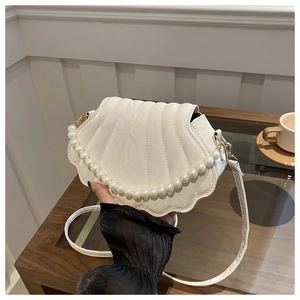 Shell Shaped Crossbody Bag PU Leather Quilted With Artificial Pearl Handle Elegant Fashionable Handbag For Women Chic Shell Bag
