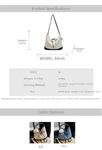 Detailed spec sheet showing a large canvas tote bag with 36x31x12cm dimensions
