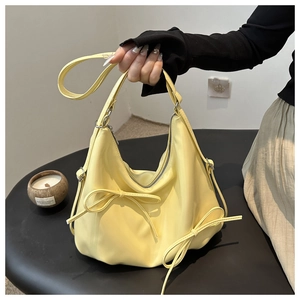 French Style Women Glossy PU Leather Shoulder Bag Sweet Bowknot Decor Ruched Hobo Underarm Bag Simple Elegant Tote
