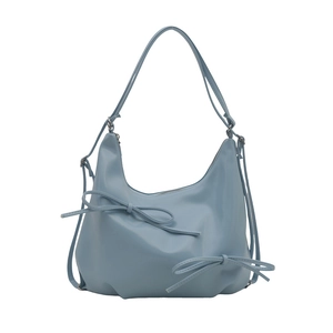 Morandi blue pleated shoulder bag with bow accents and soft synthetic leather finish