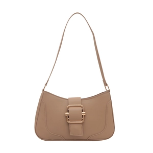 Minimalist khaki leather underarm baguette bag with stylish gold square buckle detail