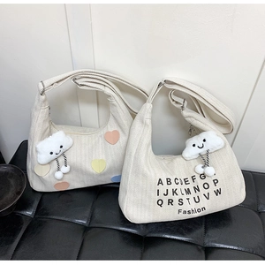 Women Canvas Shoulder Bag Large Capacity Hobo Crossbody Handbag With Heart Patch Alphabet Print And Plush Cloud Charm