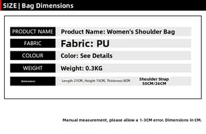 Detailed size chart for the diamond lattice quilted PU leather shoulder bag