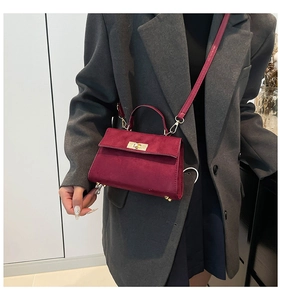 Détail du mini sac bordeaux en daim avec fermoir doré et poignée élégante
