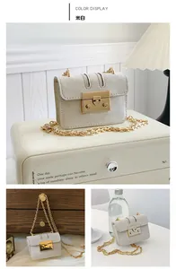 Detail of cream white mini crossbody bag featuring a golden press lock and fine chain strap