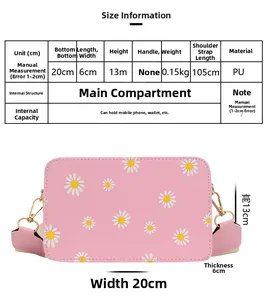 Size specifications for small floral square crossbody bag with detailed dimensions
