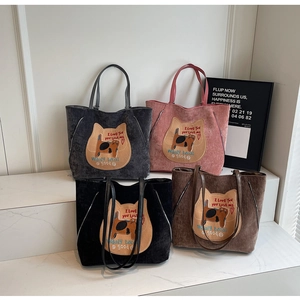 Corduroy tote bags in four colors with cute cat embroidery and long straps for women