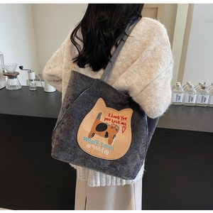 Sac tote en velours côtelé gris avec broderie chat et longues bandoulières de loisirs