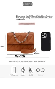 Brown quilted crossbody bag dimensions showing 22cm width and 15cm height with strap details