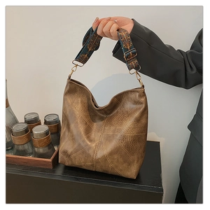 Large Capacity Women Tote Bag PU Leather Vintage Shoulder Bag With Ethnic Jacquard Wide Strap Casual Hobo Crossbody Bag
