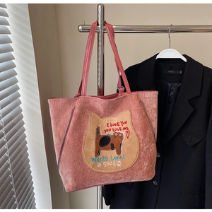 Sac fourre-tout en velours côtelé rose avec broderie chat et longues bandoulières