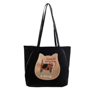 Grand sac cabas noir en velours côtelé avec broderie chat et zips latéraux