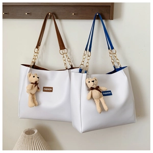 Women Large Capacity PU Leather Tote Bag With Metal Chain Strap Contrast Color Shoulder Bag For Commute Fashion Handbag