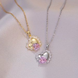 Heart Pendant Necklace Pink Zircon Stainless Steel Broken Heart Design Clavicle Chain Jewelry For Women Fashionable