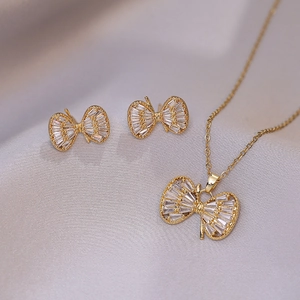 Butterfly Bowknot Pendant Necklace Earring Titanium Steel Zircon Inlaid Full Diamond Clavicle Chain Women Chic Jewelry
