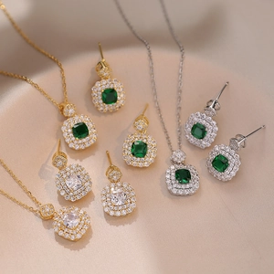 Elegant Square Emerald Cubic Zirconia Jewelry Set Titanium Steel Double Halo Pendant Necklace And Earrings For Women