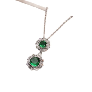Vintage emerald zircon double pendant necklace in silver chain with hollow woven details