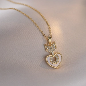 Heart Arrow Pendant Necklace Stainless Steel Zircon Pavé Enamel Romantic Jewelry For Women