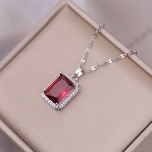 Elegant titanium steel necklace featuring a red rectangular zircon pendant in silver tone