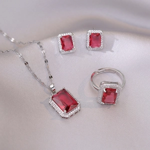 Elegant Red Zircon Pendant Necklace Earrings Ring Titanium Steel Jewelry For Women Rectangular Gemstone Halo Design Fashion