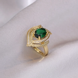 Adjustable Emerald Green Zircon Open Ring Alloy Gold Plated Retro Luxury Sweet Niche Design Jewelry For Women